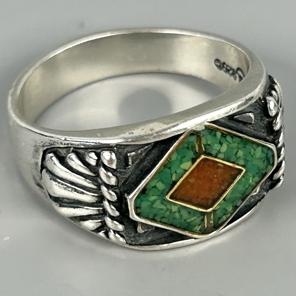Relios Carolyn Pollack Sterling Green Turquoise Jasper Inlay Ring Sz 12.75